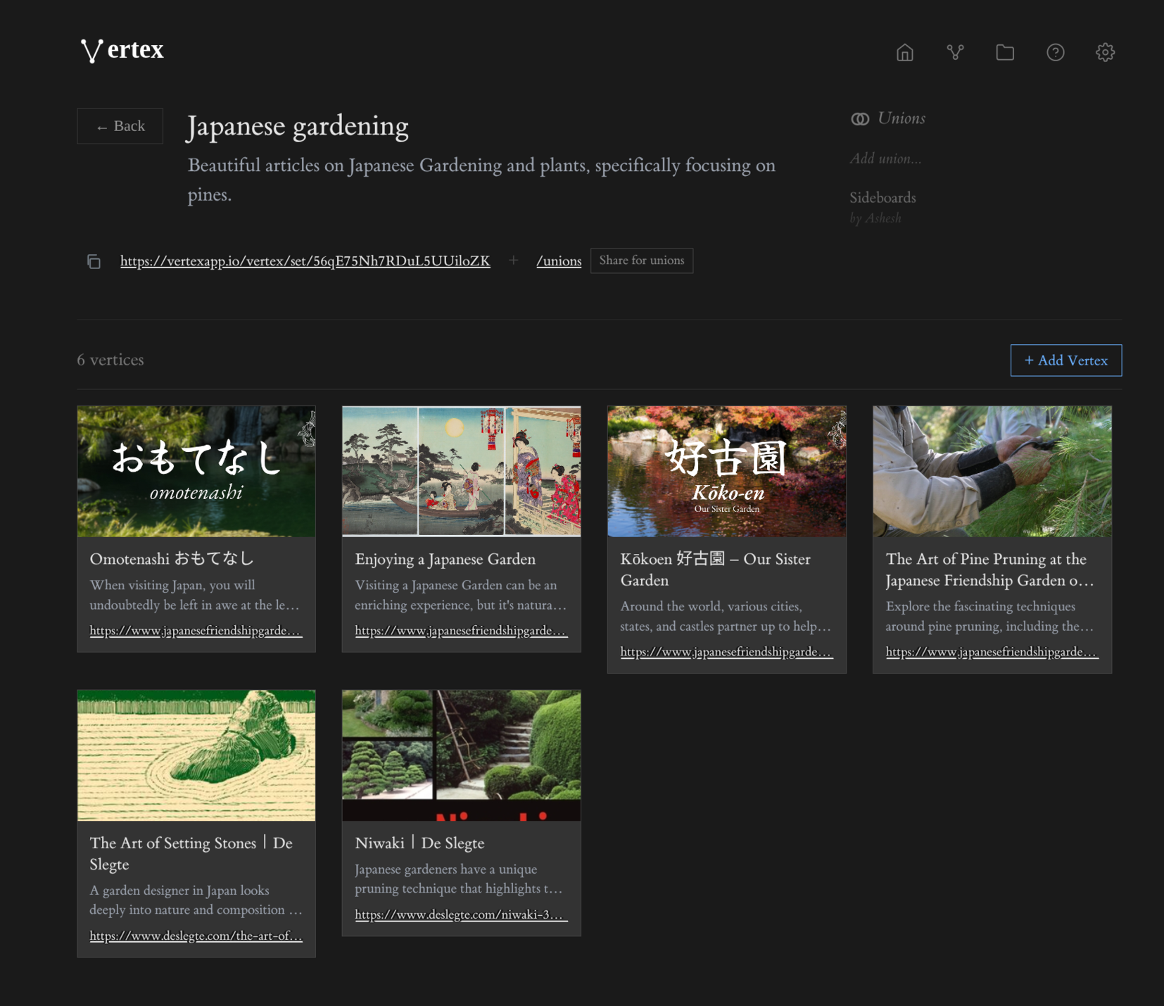 Sharing a curated vertex set via public link